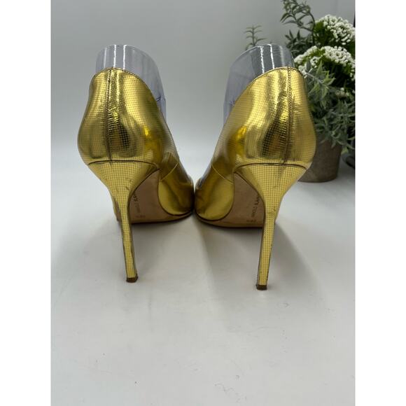 Stuart Weitzman Gold Foil Dagger  Sabbia Glitter Pointed Toe Heels SZ 39.5/9 - Picture 3 of 15